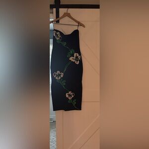 Milly Black Floral Strapless Midi Dress with Green Accents